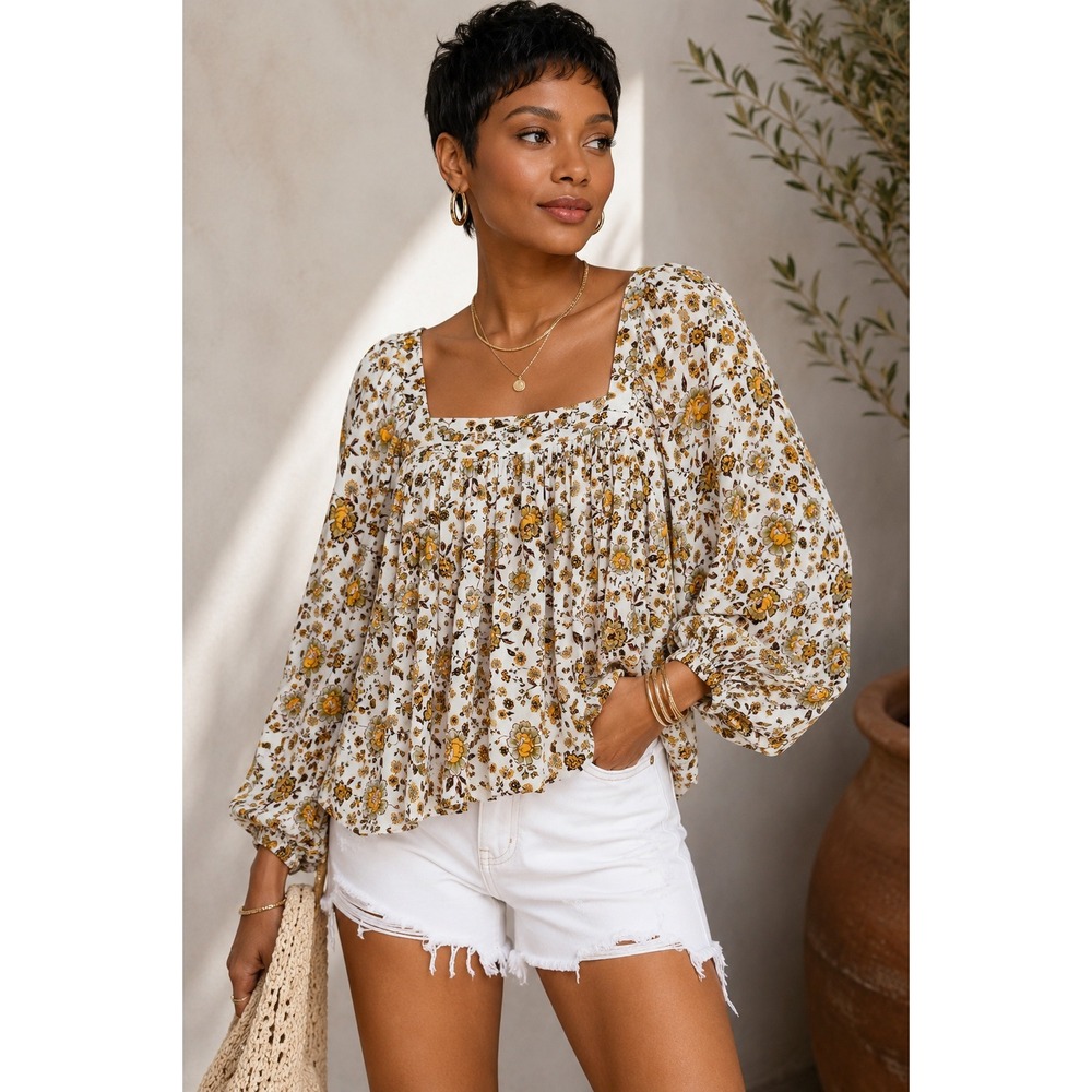 Dear John Floral Blouse Women S Square Neck Balloon Sleeve Boho Peasant Cottage